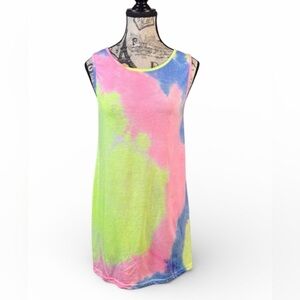 Vicabo Colorful Bright Yellow, Pink, & Blue Tie-Dye Long Tank Top size M